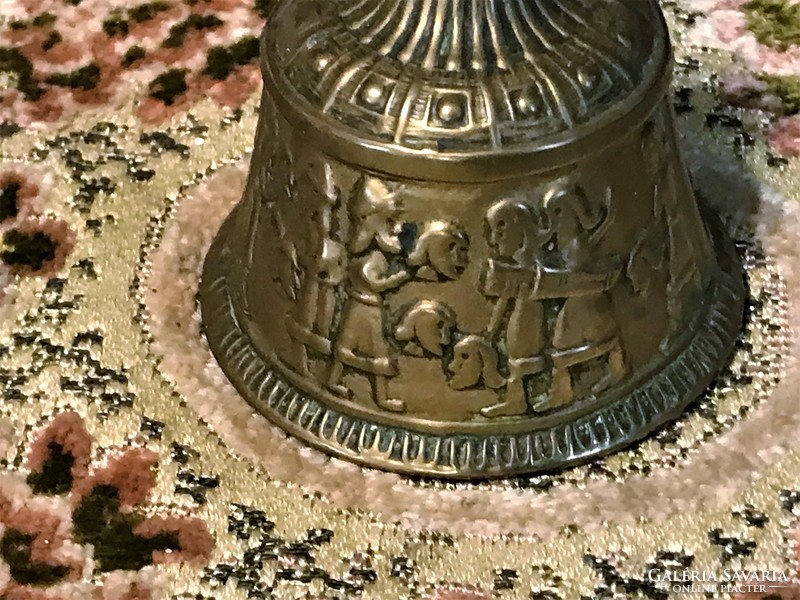Antique brass servant bell, soldiers returning from battle, beautifully crafted