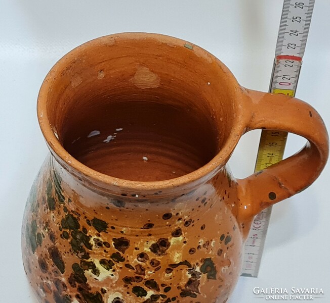 Popular, splattered dark brown, green, white glaze spots, light brown glazed ceramic milk jug (2541)