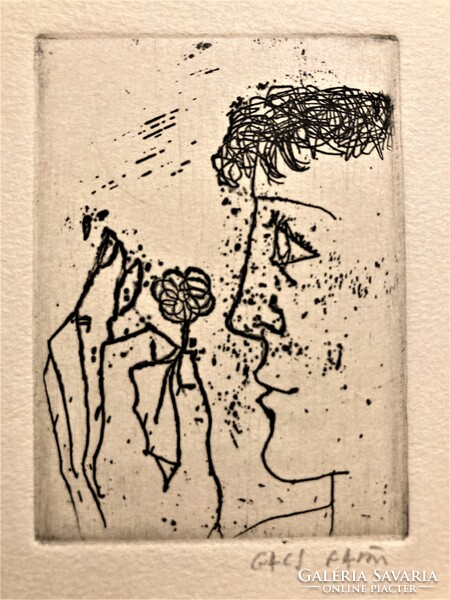 Gábor Gacs (1930-2019): man with a flower - etching, small graphic, marked