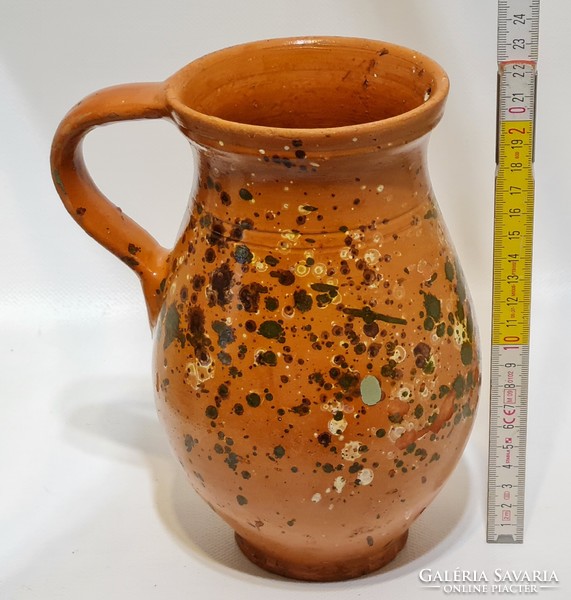 Popular, splattered dark brown, green, white glaze spots, light brown glazed ceramic milk jug (2541)