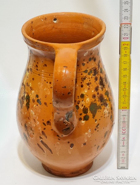 Popular, splattered dark brown, green, white glaze spots, light brown glazed ceramic milk jug (2541)