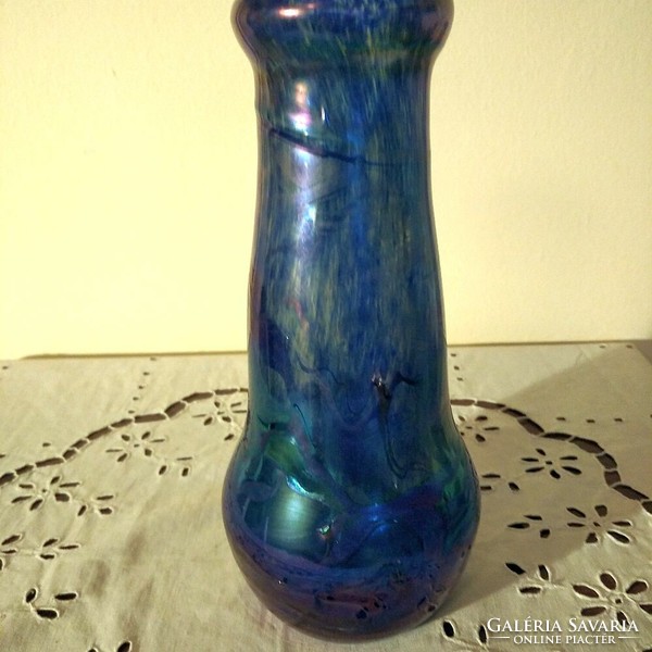Collectors! Márton Horváth: beautiful blue, iridescent, iridescent vase - marked, flawless copy!