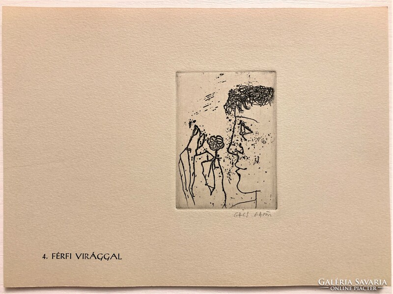 Gábor Gacs (1930-2019): man with a flower - etching, small graphic, marked
