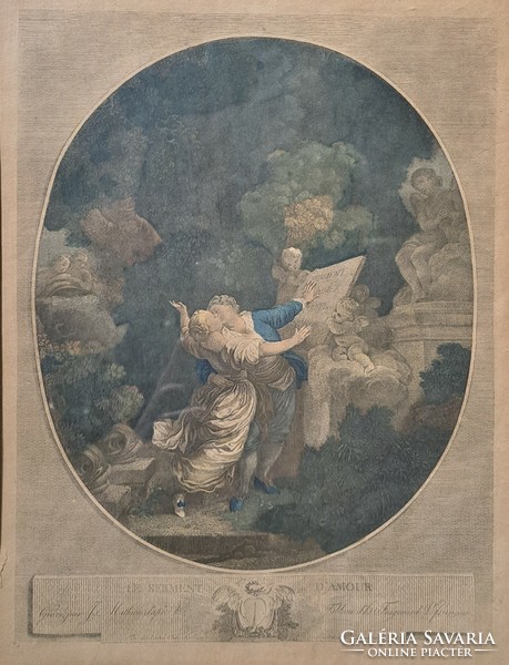 A szerelem esküje - antik rézmetszet - rokokó életkép Fragonard (1732-1806) festménye után