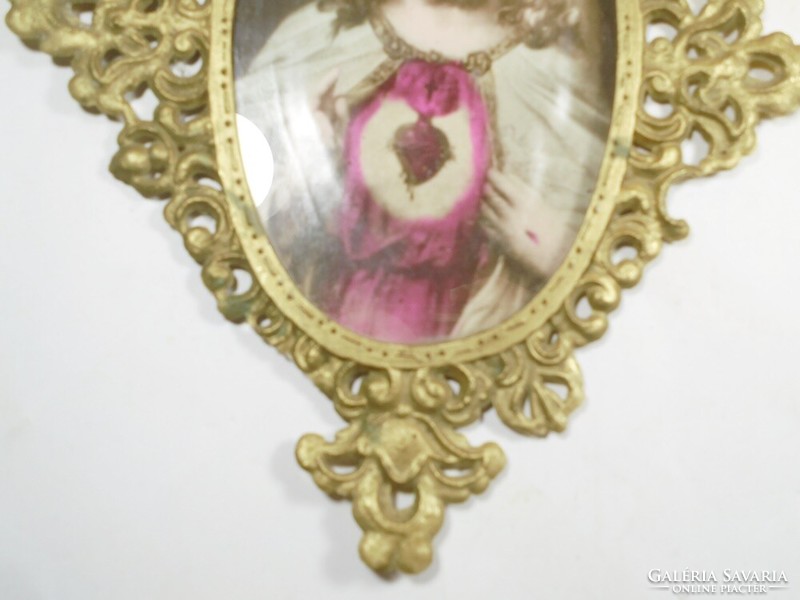 Régi retro díszes aranyozott műanyag képkeret Jézus, Jézuska szent képpel  - méretei: 23 x 18,5 cm