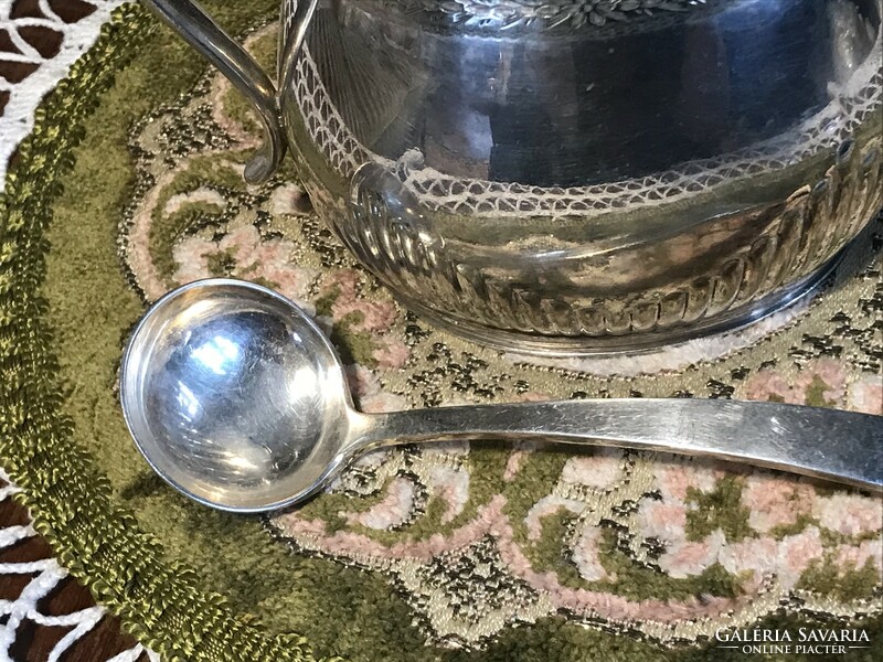 Ritka, jelzett, antik, nagyméretű, ezüstözött cukor kínáló edény, Mapin & Webb cukorkanállal