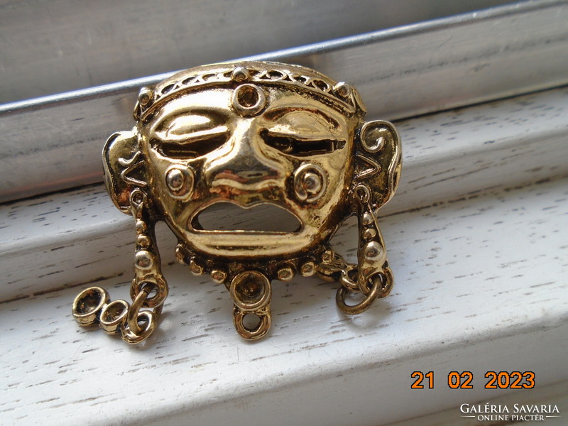 Aztec Mayan Gilded Mask Brooch and Pendant