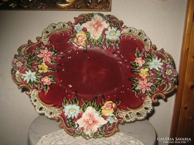 Eichwald, oval fruit bowl, richly decorated, beautiful majolica object, 36 x 28 cm