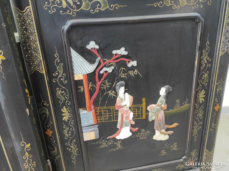 Antik kínai bútor növény gésa madár zsírkő dombor berakásos festett fekete lakk szekrény 725 6860