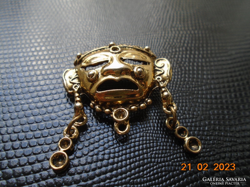 Aztec Mayan Gilded Mask Brooch and Pendant