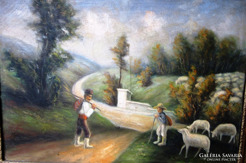 Old oil painting of shepherds on canvas marked (naive painter)