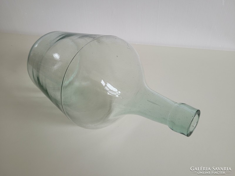 Régi nagy méretű 5 literes türkiz zöld huta üveg üvegpalack kúpos aljú ballon palack dekoráció