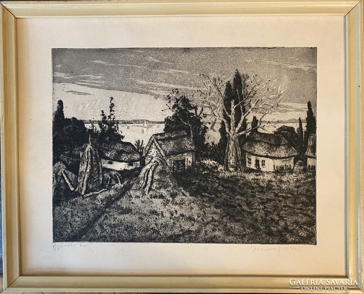 István Imre: landscape of Györö - etching