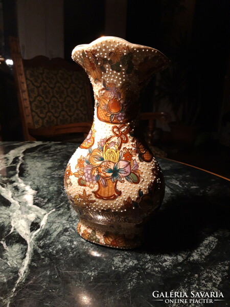 Old floral, gold contoured, hand-painted Chinese vase