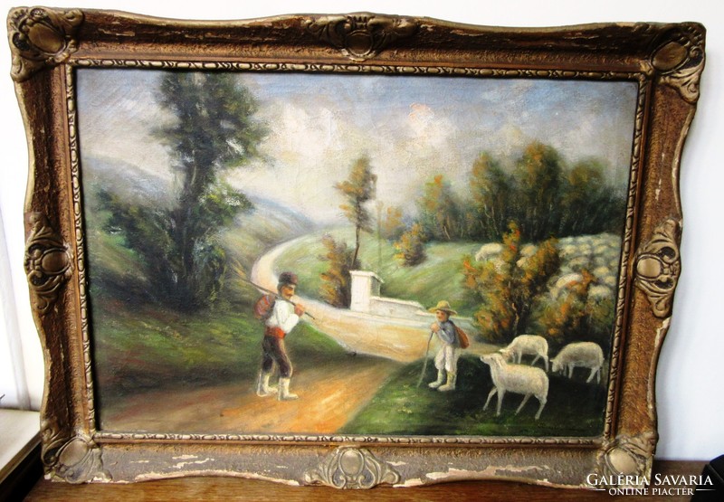 Old oil painting of shepherds on canvas marked (naive painter)