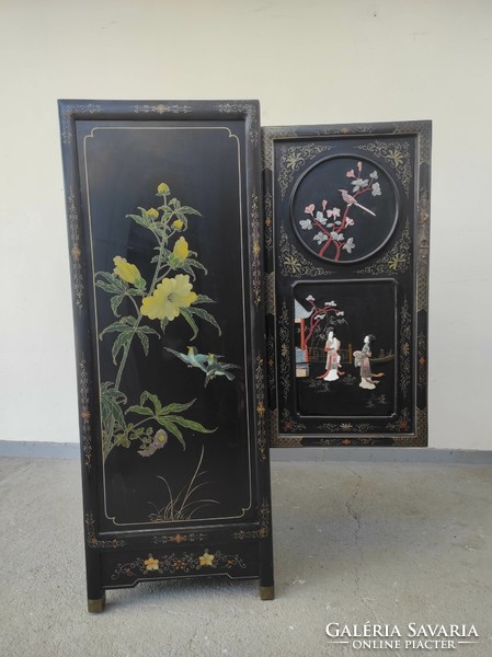 Antique Chinese furniture plant geisha bird grease stone convex inlaid painted black lacquer cabinet 725 6860
