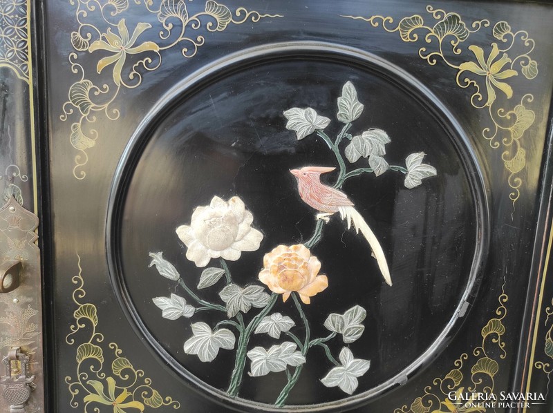 Antique Chinese furniture plant geisha bird grease stone convex inlaid painted black lacquer cabinet 725 6860