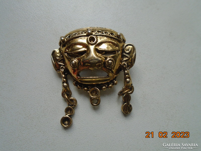 Aztec Mayan Gilded Mask Brooch and Pendant