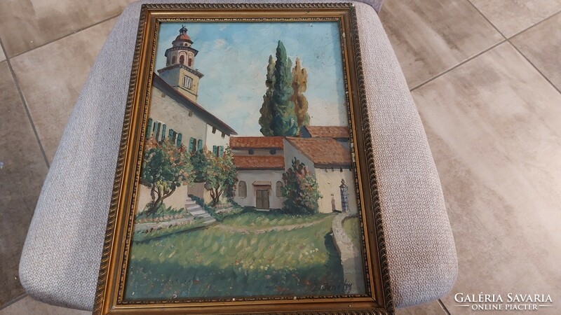 (K) small house-yard painting with 28x39 cm frame
