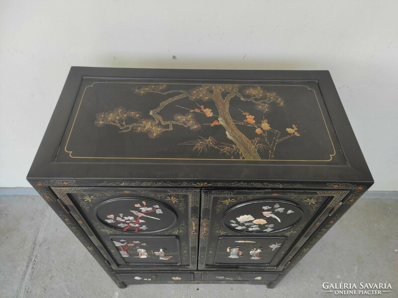 Antique Chinese furniture plant geisha bird grease stone convex inlaid painted black lacquer cabinet 725 6860