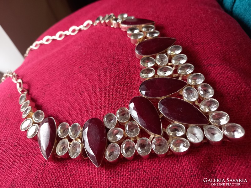 Silver necklace with blue mountain crystal and raw ruby gems! A real specialty!