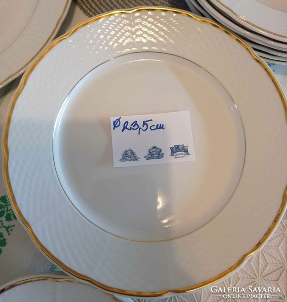 Tk than white, gold-bordered, antique porcelain tableware with woven patterns