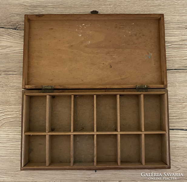 Needles - old wooden chest with thread holder, needle holder, button holder