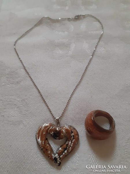 Necklace with heart-shaped Murano pendant and ring (small size)