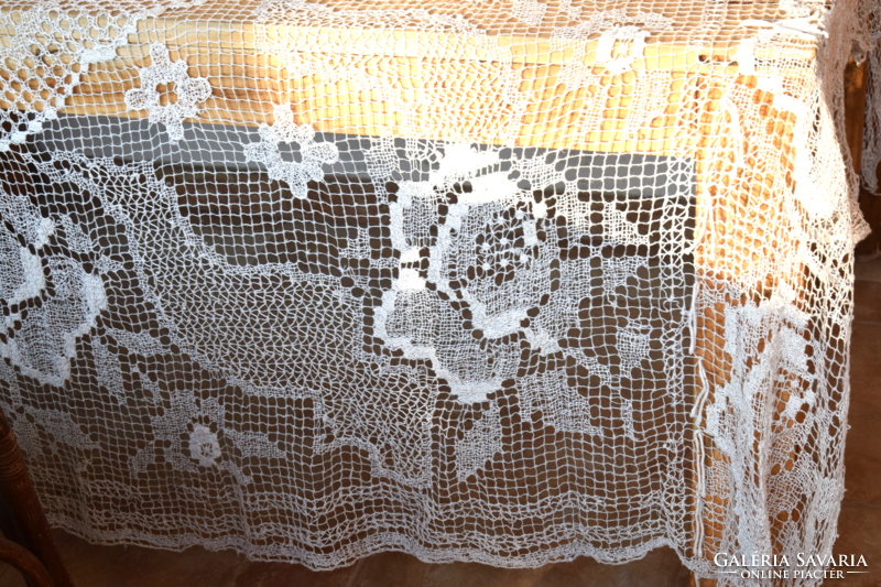 Antique Old Huge Hand Crocheted Net Fillet Lace Bedspread Tablecloth Curtain 250 x 200