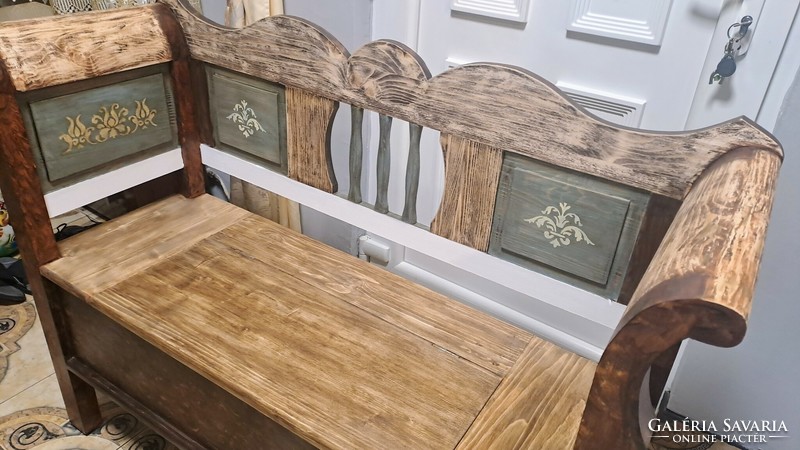 Traditional wooden chest with arms, chest with arms, bench with arms, open-back bench with arms