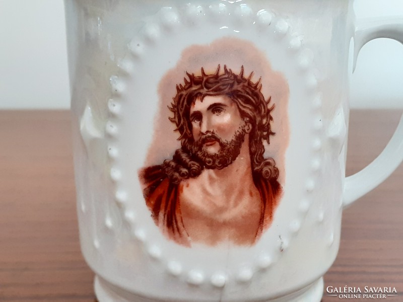 Antik porcelán bögre Krisztus mintás szecessziós régi csésze