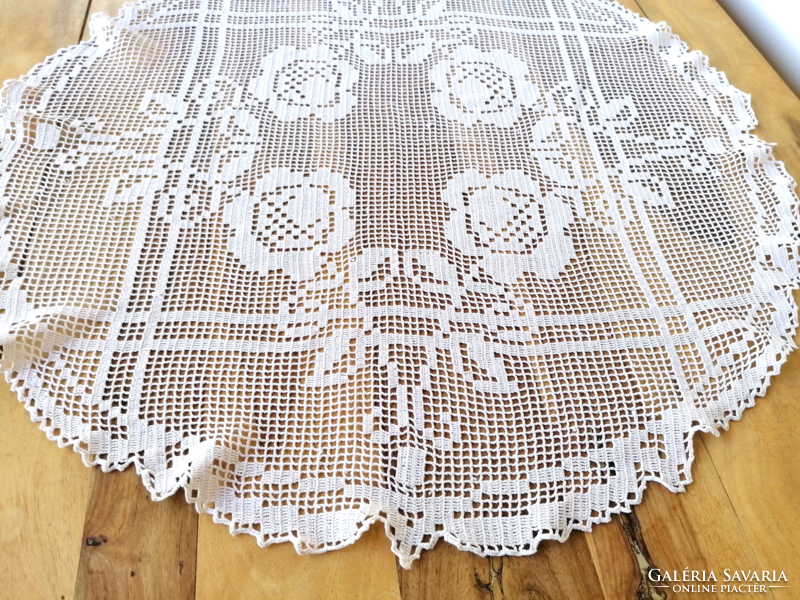 Antique hand-crocheted net fillet lace round tablecloth table centerpiece 80 cm diameter