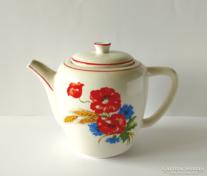 Discounted! Beautiful old poppy-pattern Kispest granite teapot, spout