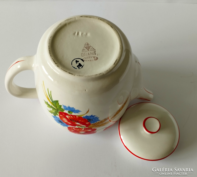 Discounted! Beautiful old poppy-pattern Kispest granite teapot, spout