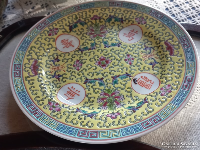 Hand painted famille jaune yellow plate with longevity pattern, 1960