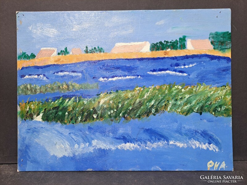 Blueness - watery modern landscape with pha marking - oil, cardboard (23x30cm) - blue