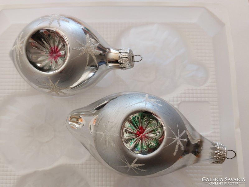 Old glass Christmas tree decoration silver indented glass decoration 2 pcs