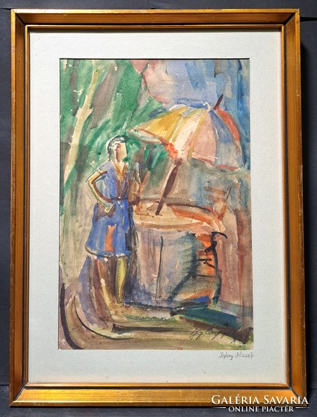 Iglay József (1905-1980): Ernyős hölgy, akvarell (teljes méret 47x35 cm)
