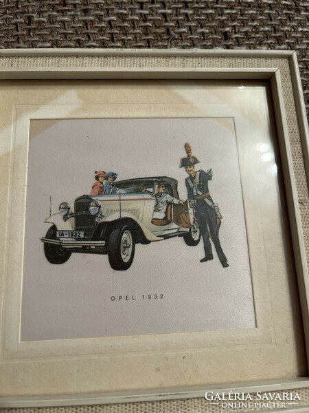 Opel 1932 model printed on silk. In a glazed frame, 13x13 cm.