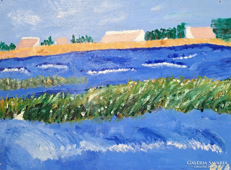 Blueness - watery modern landscape with pha marking - oil, cardboard (23x30cm) - blue