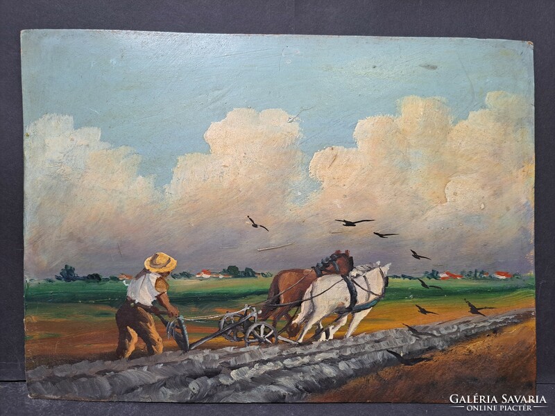 Plow with horses - old oil painting - peasant life