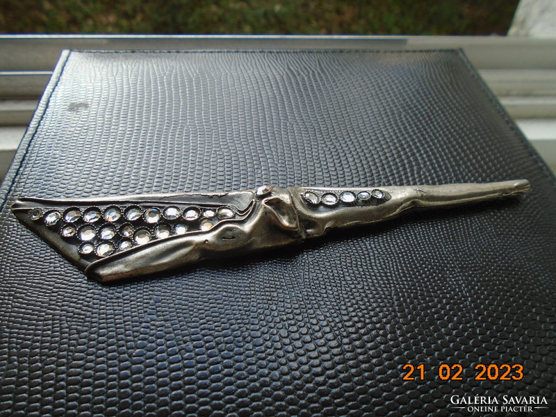 Spectacular, rare, art deco hand-made, artistic silver-plated coat pin. Brooch with polished stones