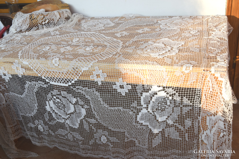 Antique Old Huge Hand Crocheted Net Fillet Lace Bedspread Tablecloth Curtain 250 x 200