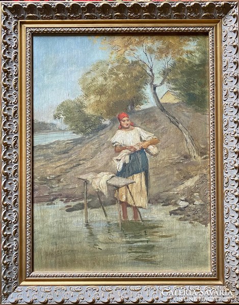 Lajos Deák-ébner - girl with a headscarf washing in a stream - oil, wood