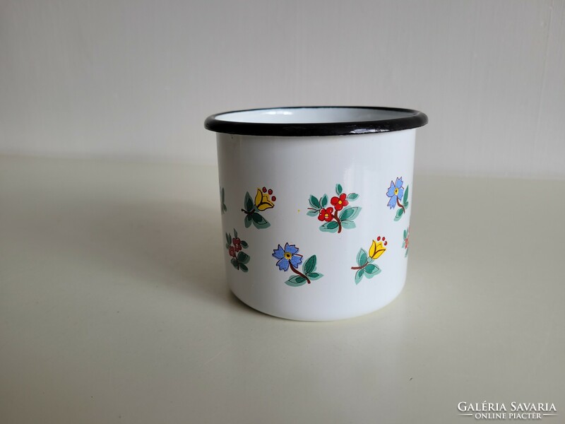 Old retro large 0.6 liter enamel mug enameled flower pattern milk mug