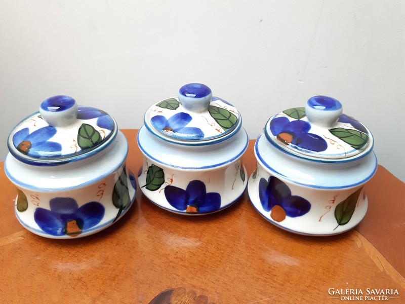 3 db kék fehér virágos mázas fedeles fűszertartó edényke
