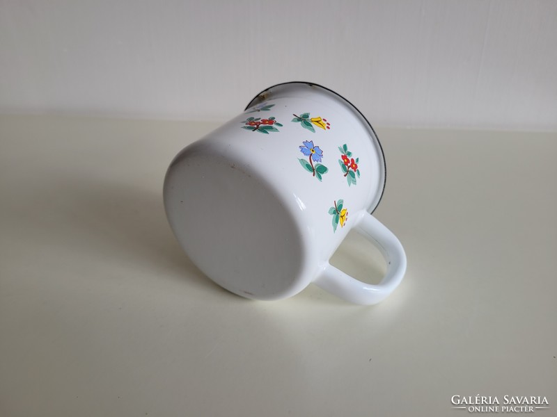 Old retro large 0.6 liter enamel mug enameled flower pattern milk mug