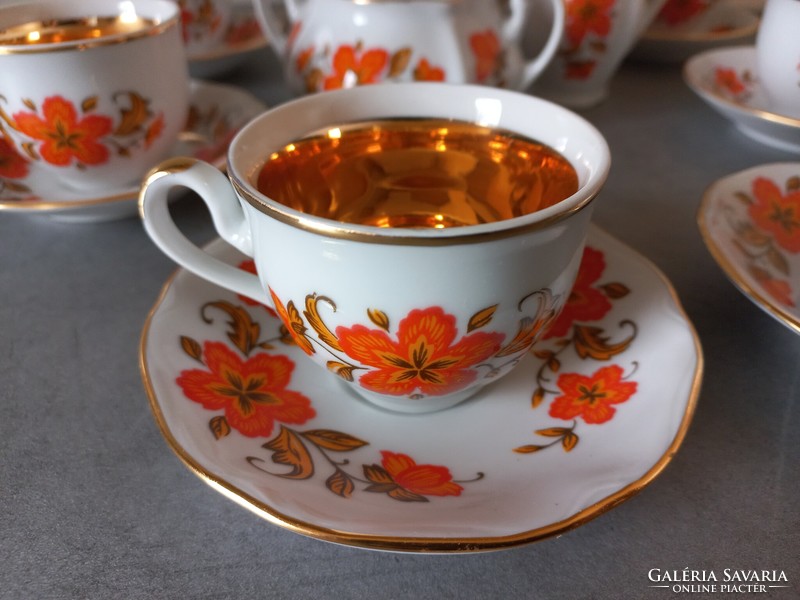 Bohémia Carlsbad dúsan aranyozott narancssárga virágos kávéskészlet
