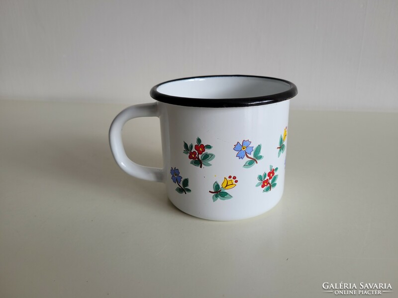 Old retro large 0.6 liter enamel mug enameled flower pattern milk mug