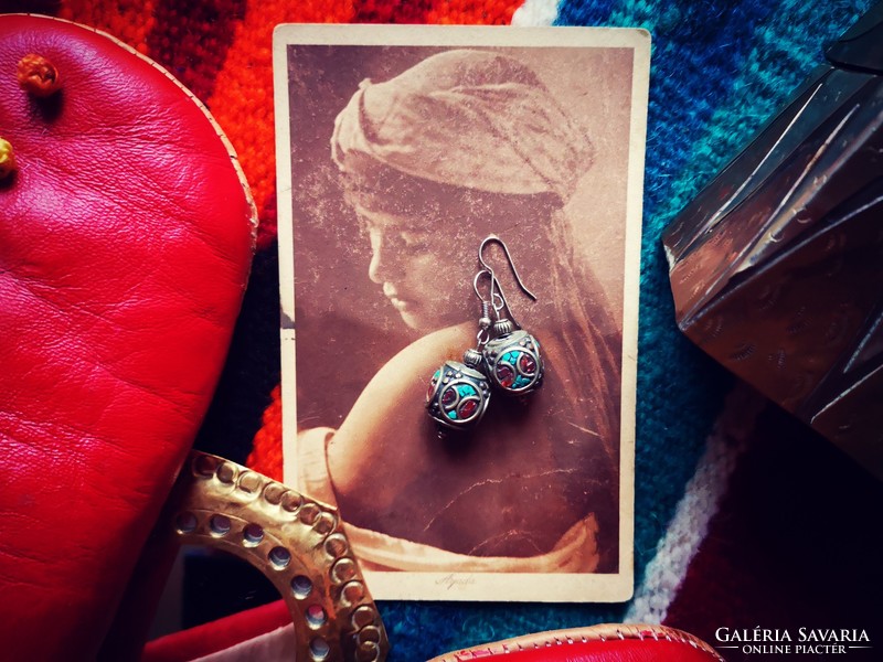 Large Moroccan pearl earrings with coral and turquoise inlay